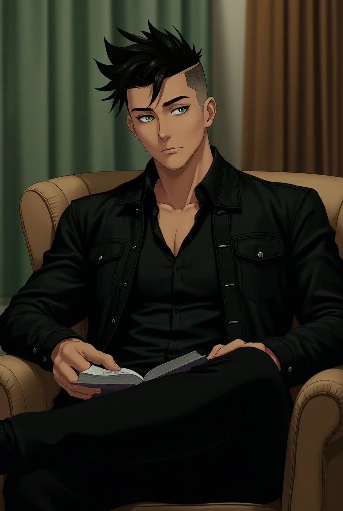  an original oc of a green-eyed man with undercut black hair  (Levi Ackerman style )  wearing a black shirt with a black denim jacket on top and black pants reading a book sitting in an armchair in a living room ( make it attractively , Your body is a bit ...