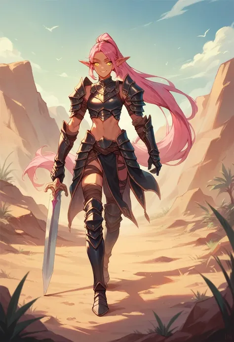 Humanoid creature, long pink hair, ponytail, yellow eyes, smiling, elf ears, wearing a black armor, holding a sword, walking on a desert