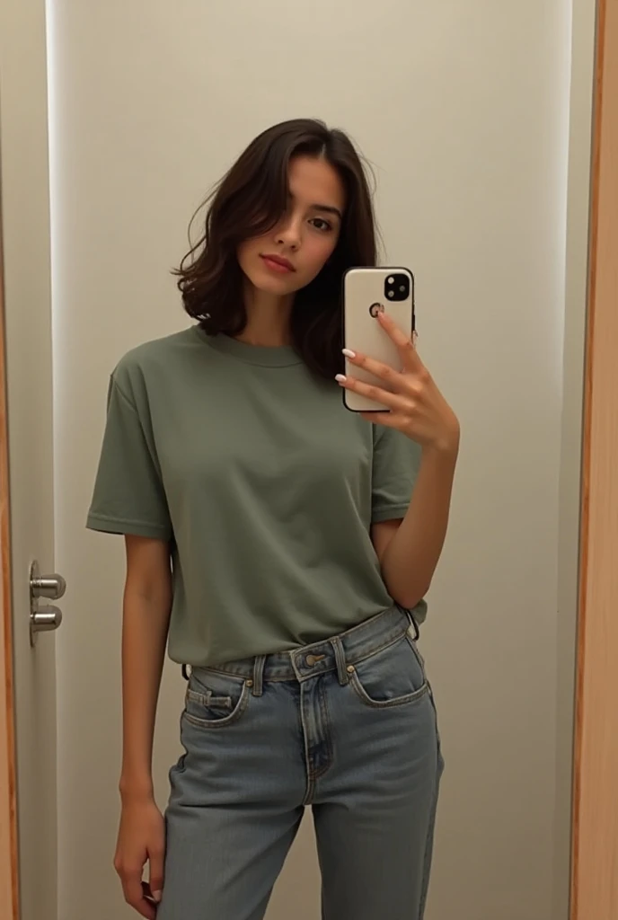  there is a woman taking a selfie in a mirror,  an image inspired by Maria Helena Vieira da Silva, instagram, event, photo of the outfit,  with pants and a t-shirt , 18 years old, Casual clothing,   full body image , 1 8 son, selfie of a young woman, Selfi...