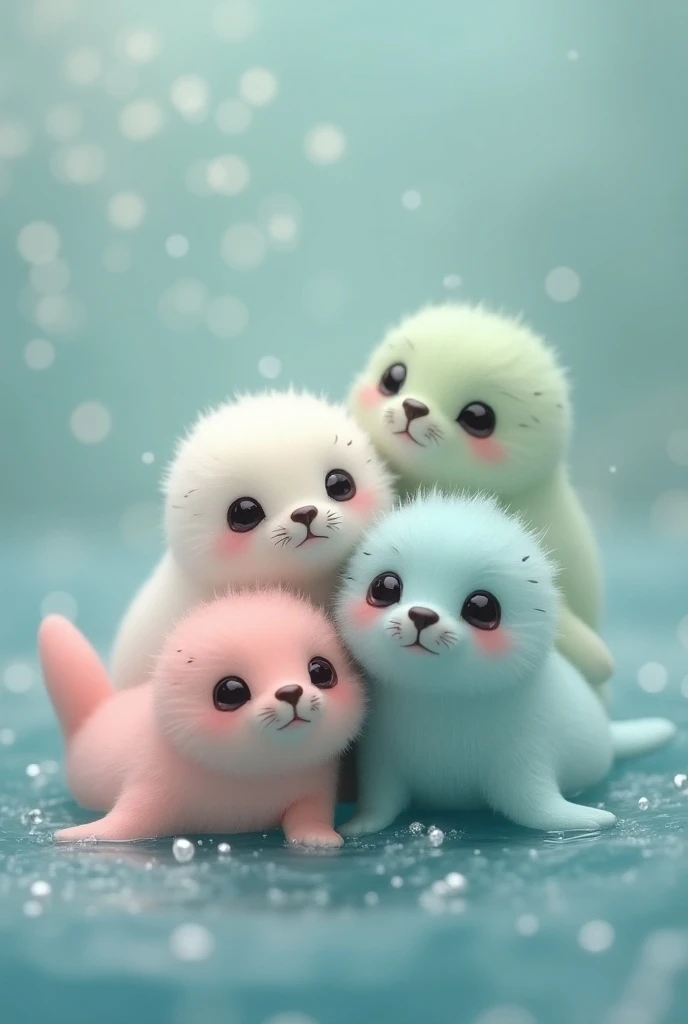 Four Small seals , white, pink, periwinkle and pale green, long hair black big eyes, their coat soft and delicate, almost touching them. Beautiful, cute, and adorable, this miniature miracle is worth seeing