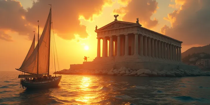 "Templo de Poseidon em Sunion"

Prompt:  Trirremes sailing in front of the majestic Temple of Poseidon , with the sun setting and reflecting golden tones in the sea .
Style:  Classical art with architectural details and golden lighting.
