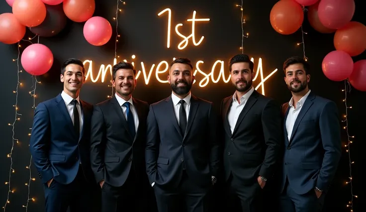 make a photo of 5 men, standing side by side, with an aesthetic black background with the words "1st Anniversary" and "random editor" decorated with balloons and twinkling lights.