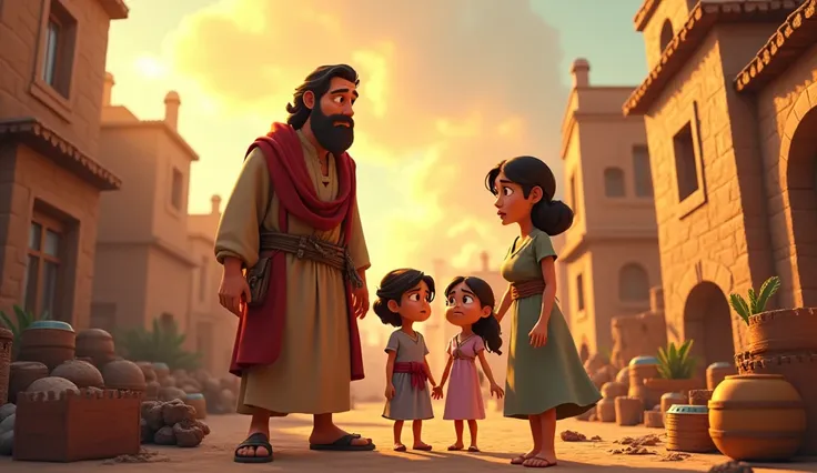 Ló brought together his family, wife and two daughters and, with a concerned seeding, he warns of the destruction of the entire city and asks for urgency to pack things up and leave in biblical times.. Design in Disney style  , Pixar e cartoon