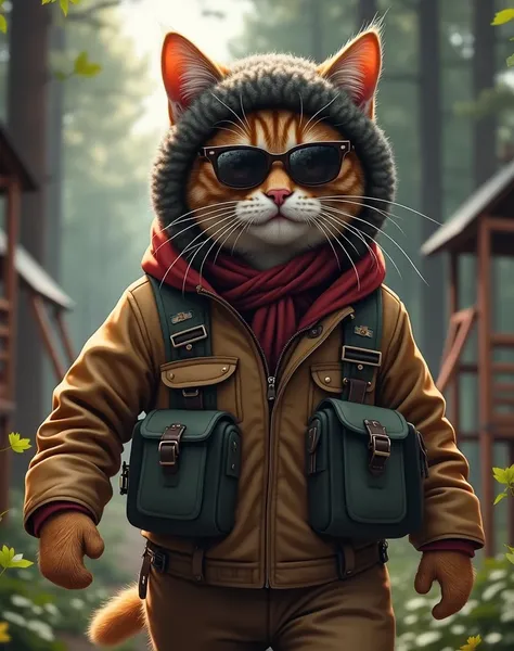 Soldiers cat standing in the woods, The whole thing is drawn, sunglasses,  detailed clothes,  Action Shots , In motion, 8k,  super high definition, DSLR,  very detailed on playground equipment, Bright Scene:1.1),  other, 6:19, Best Quality,  wide angle sho...