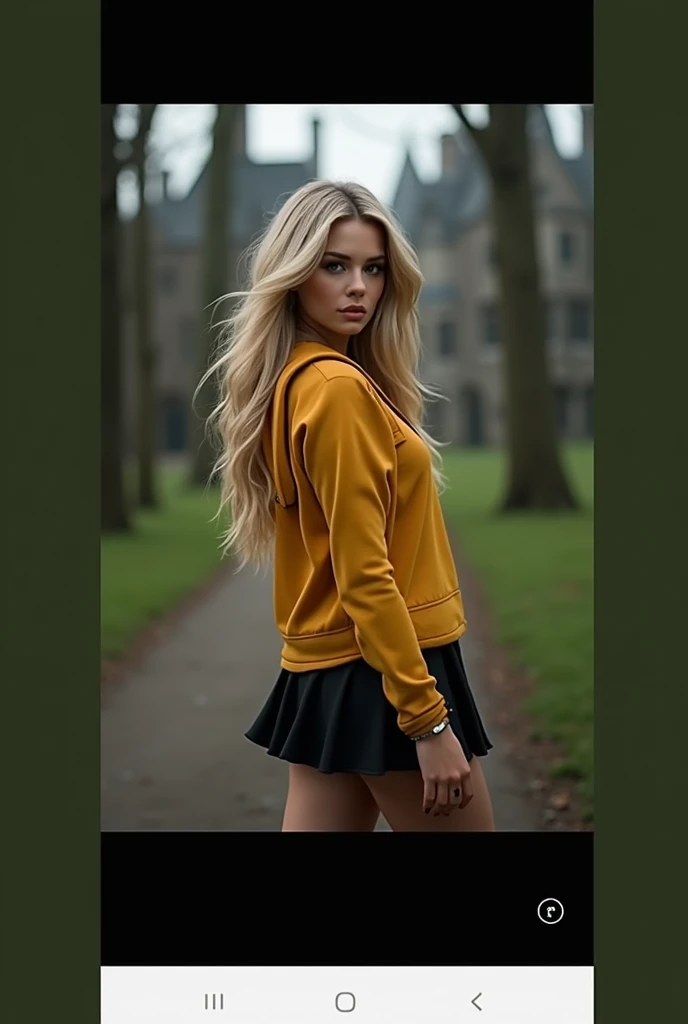 1girl, blonde long hair, beautiful detailed eyes, beautiful detailed lips, extremely detailed eyes and face, long eyelashes, heavy makeup, blush, defined contour, glowing highlighter, small waist, big butt, sexy hufflepuff uniform, hogwarts background, bes...