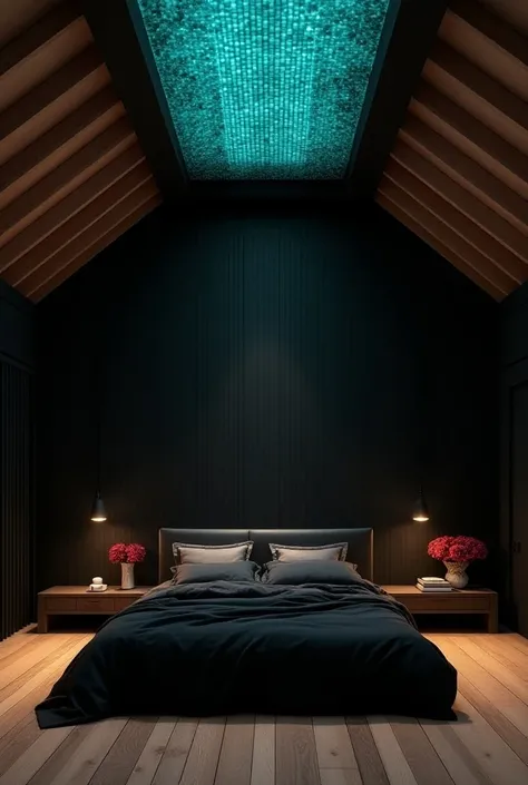 You have a very very very large room with a large bed with. black sheets,  the walls of the room are black and the floor is wooden , It has a black cabin-like roof with white square-shaped lines and in the middle of the roof there is a turquoise square wit...