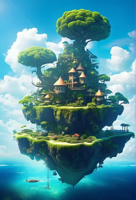 sinister futuristic floating island suspended in the air, cities, fantasy, (villain hideout), (kawaii), cute, cute, anime style,...