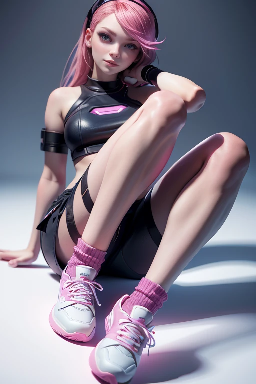 Mona pink haired girl,  blue eyes ,  seductive smile ,  seductive pose , look at the viewer, hair band, AuriculAres,  black socks , sneakers, cyberpunk,  top quality,  masterpiece , super detail,  lyrics,  natural lighting ,  plain white background , witho...