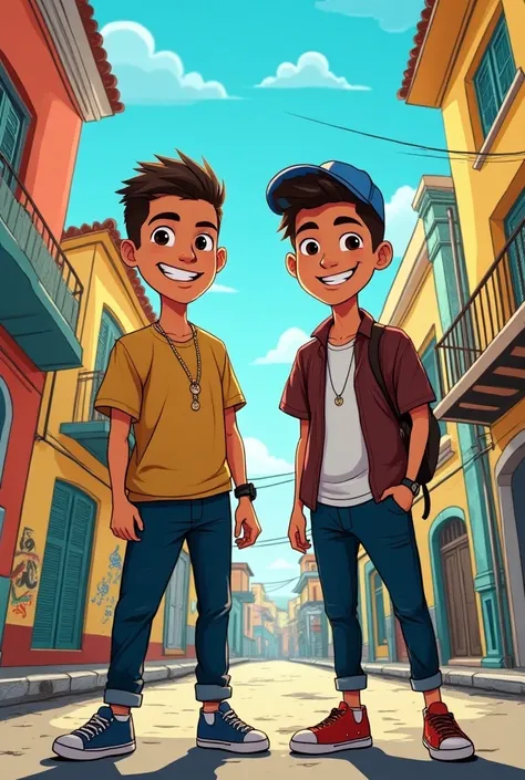 Two young Brazilian rappers in Rio de Janeiro in an art for a rap cover in cartoon format with the title of "Create ".
They must be white ,  one lighter than the other and with a beard and short hair and cap.