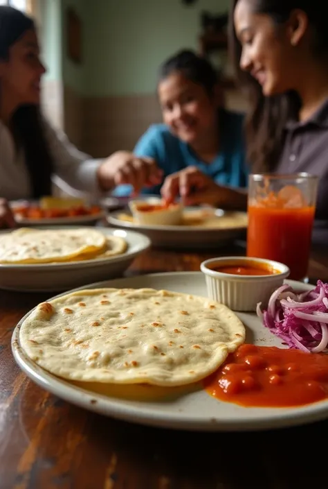  Professional photograph of Salvadoran friends eating tortillas. But it should not have any filling .  And serve with tomato sauce and a plate of pickled cabbage .