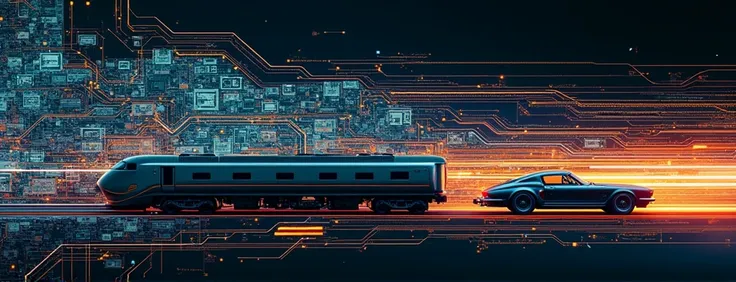 Create an image with electronic circuits on the left side and on the right side containing a train and a car.