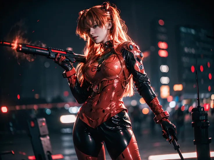 Three sexy German girls  , Red hair,  cosplay as Aska Langley , Wearing red tights ,  , cyberpunk of the future at night , city light, Neon lights, 8k, standpoint,  shooting from the front , Low angle,  realistic face , , holding a gun, is firing on the bl...