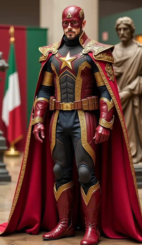 "A figure dressed in an elaborate Captain America costume, redesigned with Italian Renaissance and classical influences. The costume is primarily red and gold, adorned with ornate patterns inspired by Italian architecture and Renaissance art, including vin...