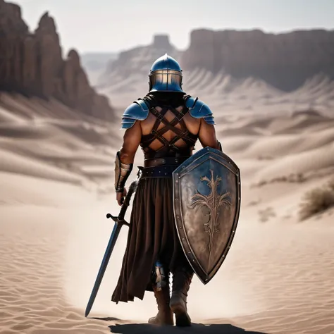 a muscular man with his back turned, wearing a helmet and leather breastplate, with muscular arms uncovered, a leather skirt, holding a shield and a large sword, from the biblical era, he was a really big man, standing in the desert, shot from behind at a ...