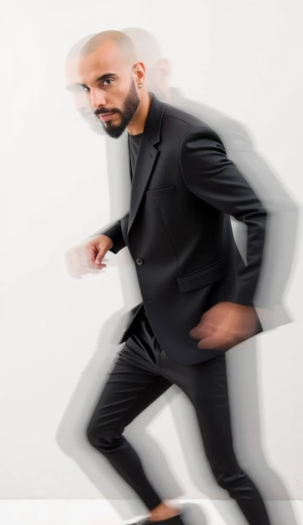 IMG_1117.CR2 outlandish fashion editorial, style of ROBIN THICKE BLURRED LINES music video for NUMERO magazine, young Brazilian man with light , sun-kissed skin tone (not dark-skinned), bald with a beard, 1.83m tall, with a strong frame and balanced bone s...