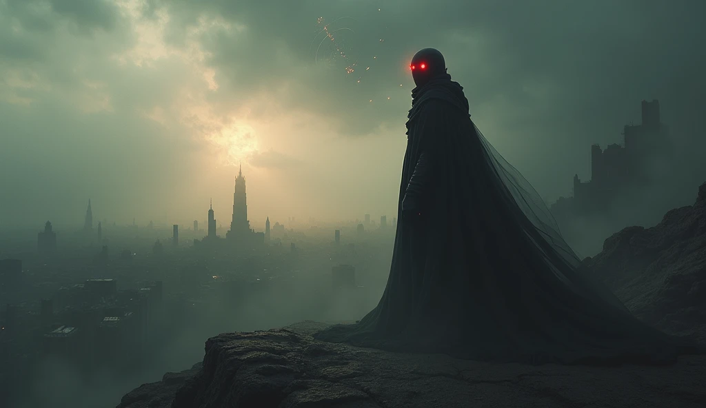 "A dark and mysterious figure standing at the edge of a vast, apocalyptic landscape. The figure is cloaked in shadow, with glowing red eyes that symbolize the Antichrist. The background features a crumbling city, hinting at the rise of a new world power. A...