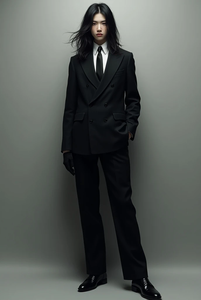 Live action Asian Teen boy with Very Long Flowing black hair, a black double-breasted suit over a White dress shirt. a thin black tie that stays tight around his neck. Pointed toe shoes and black Leather gloves. 