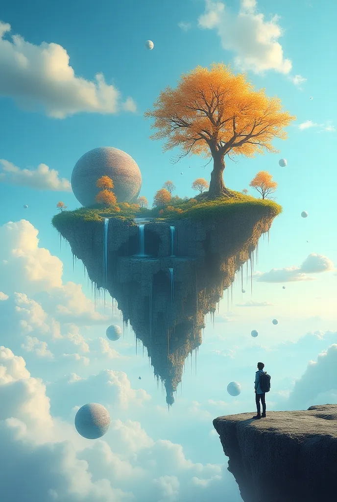 A dreamlike floating island composed of mismatched puzzle pieces, hovering in a bright, surreal sky. Elements like cascading waterfalls that float upward, clouds that bend around the island, and strange, vibrant trees with leaves that look like shining glass. A lone traveler stands on the edge of the island, gazing down at miniature planets below.