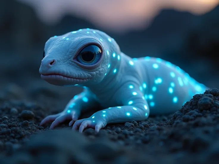 Close-up shot, otherworldly landscape, a pale-skinned alien creature with bioluminescent patterns, captured through a mobile phone camera, candid wildlife moment, mysterious twilight setting, vivid and detailed textures, ethereal ambiance, 4k, natural ligh...