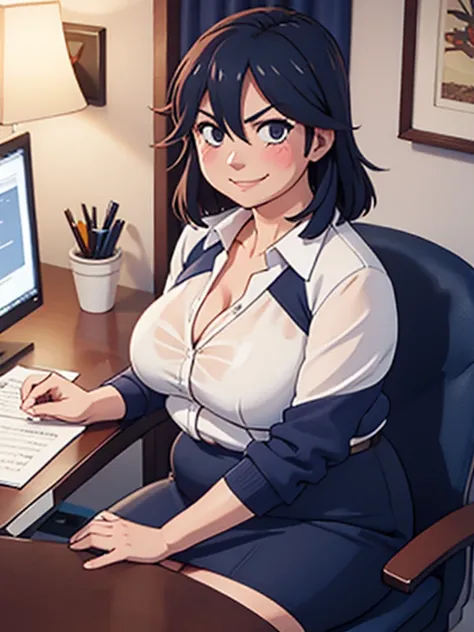 high quality, best quality, beautiful, perfect lighting, detailed face, ((1girl)), ((solo)), Imagine Ryuko Matoi as an adult secretary, 45yo, MILF, plus sized milf, mature face, fat face, chubby cheeks, wrinkles around the face, ((medium breasts)), chubby,...