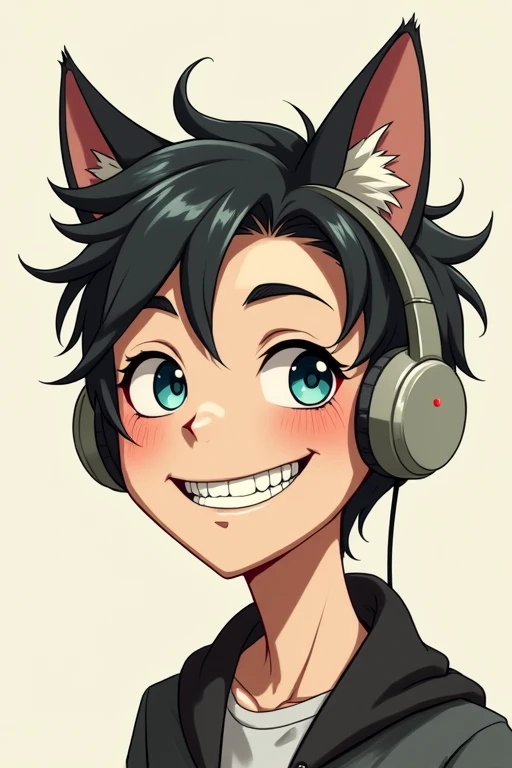  Male Shortcut , Cat ears, Double Teeth Smiling ,  blue eyes, tongue, Droopy eyes, Character portrait,  S Has a Boring Face and Slightly Neutral Headphones
