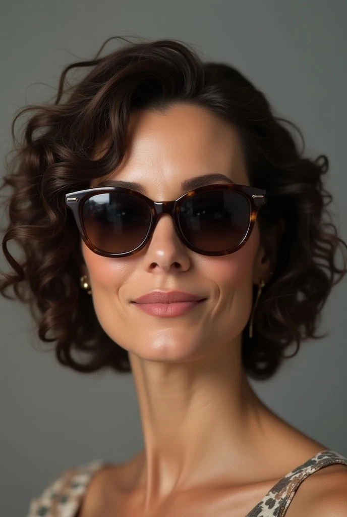  50-year-old woman . Short curly and curly hair. with sunglasses.