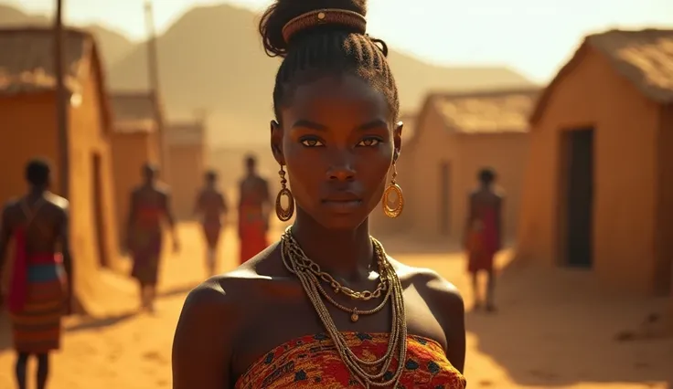 Une femme africaine dune beauté envoûtante, avec des yeux perçants, portant une robe traditionnelle africaine richement colorée, se tient dans un village africain entouré de petites maisons en terre. Le décor est paisible, les villageois passent près delle...