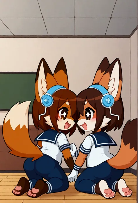 2girls, tanuki and fox, furry, bodyfur, tail, school uniform, sailor suit, jersey pants, long pants, white gloves, barefoot, chibi, sparkling eyes, happy, full body, headphones, kneeling, looking back, from behind, fart, room