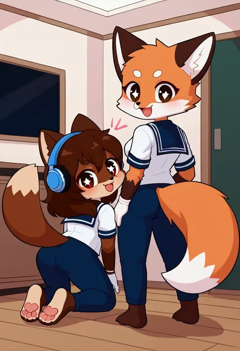 2girls, tanuki and fox, furry, bodyfur, tail, school uniform, sailor suit, jersey pants, long pants, white gloves, barefoot, chibi, sparkling eyes, happy, full body, headphones, kneeling, looking back, from behind, fart, room