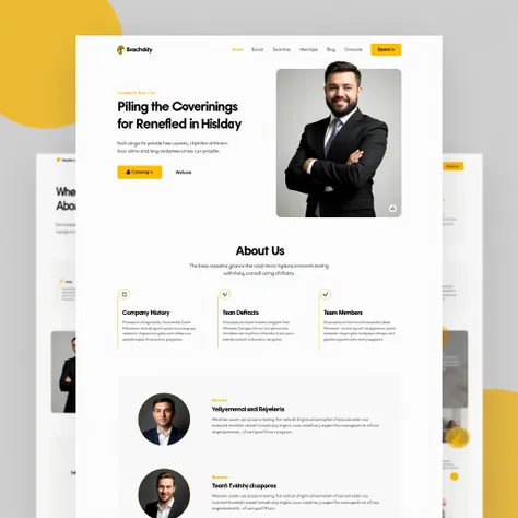 "Design a single About Us page for a business consulting website that matches the layout, colors, and style of the existing black and yellow homepage shown. Use a clean, modern UI/UX design with a minimalist approach. Include sections for company history, ...