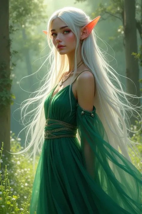 A 21 year old elf girl with silver hair wearing a green dress