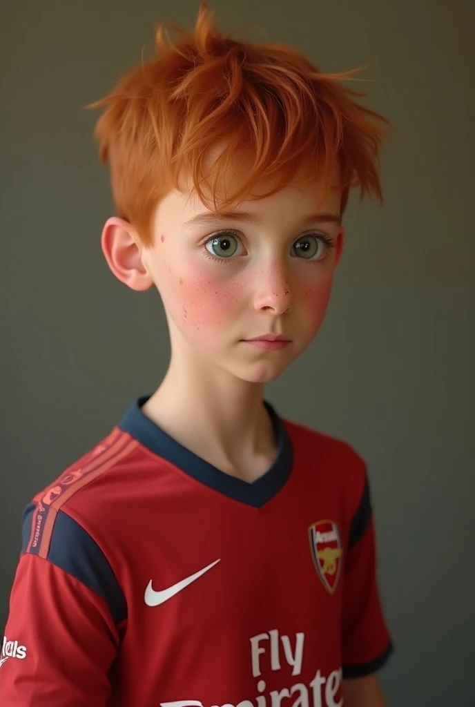 A  boy with a height of 1,73, redhead with green eyes, with the Arsenal shirt, less angelic and more serious face, can do like shaved hair in 2, realistic, 4k photo