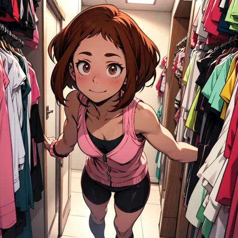 [uraraka ochako, female] [brown hair, short hair, brown eyes] [pink, black, white ripped loetard, tight, lowcut] [day time] [det...