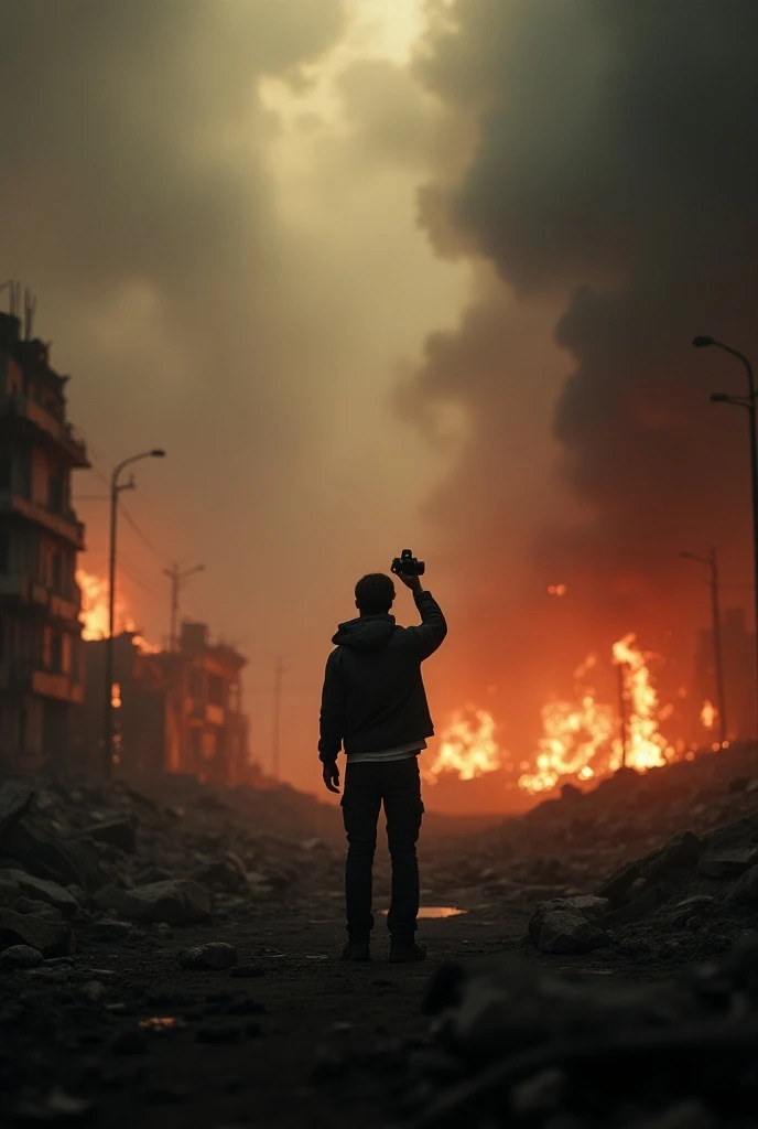 Person taking last photo at the end of the world with destruction in the background