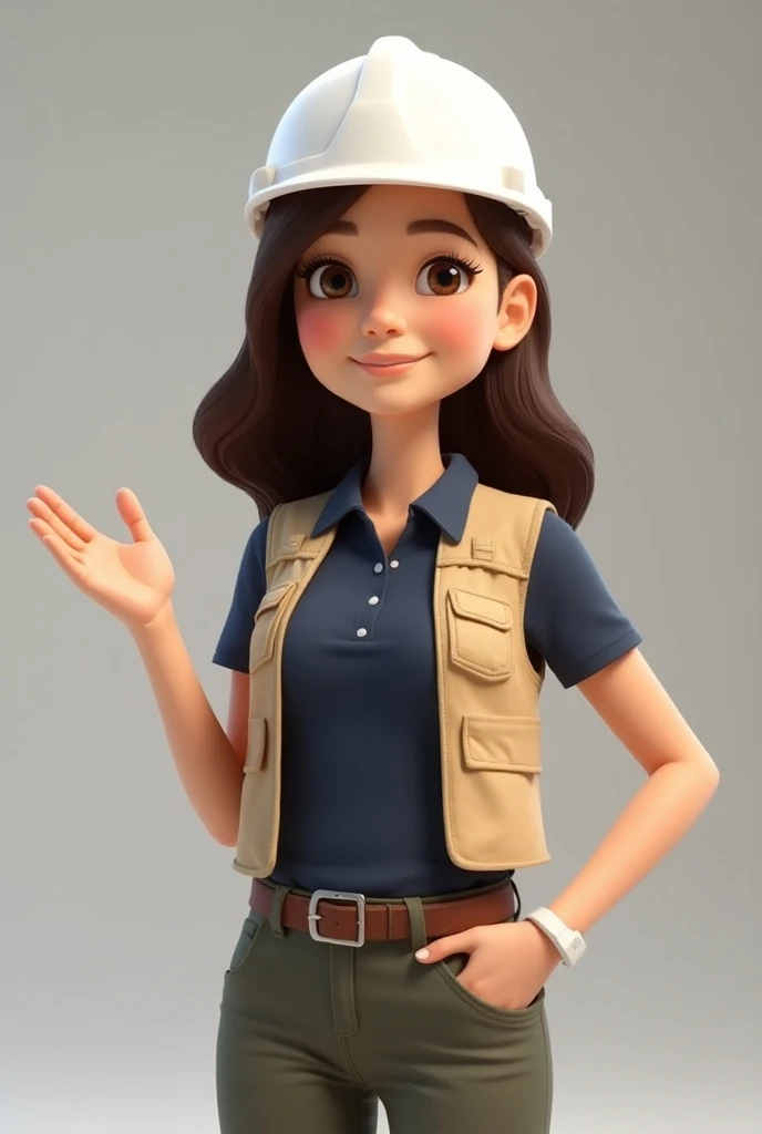  Female architect with white helmet, navy blue polo ,  beige vest greeting .  the design is animated 