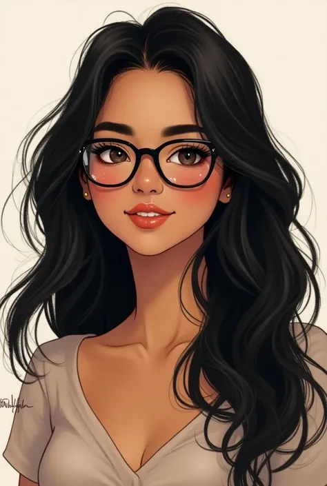 Iliana Loaiza .  Beautiful young woman with black hair with glasses and a beautiful smile. Photo in drawing