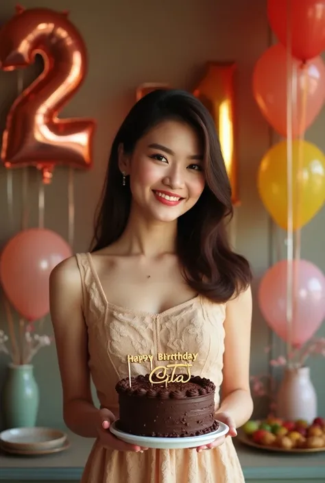 photography of an Asian woman smiling,wearing a dress casual elegan and beauty holding a chocolate cake, and there are balloons with the number 21 around her. In the room which is decorated very beautifully. And there are letters (HAPPY BIRTHDAY GITA). Ful...