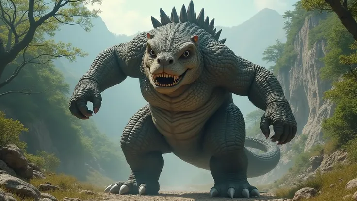 photorealistic angry giant hybrid creature combining the elements of Godzilla and a chipmunk, full view, nature background