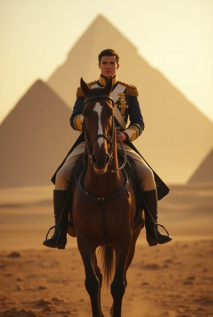 Young and handsome Marshal Napoleon Bonaparte on his horse in the pyramids 