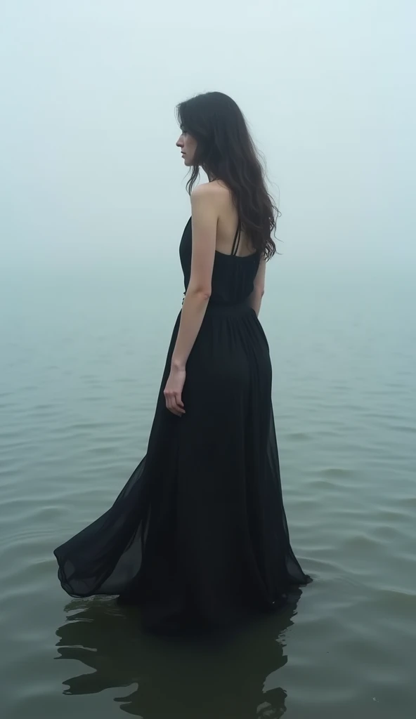 Create a photograph that captures a dark-haired Chilean-German woman in her 30s standing in shallow water, dressed in a long black dress that flows gently around her. The woman should have a serene and contemplative expression, with her hair loosely blendi...