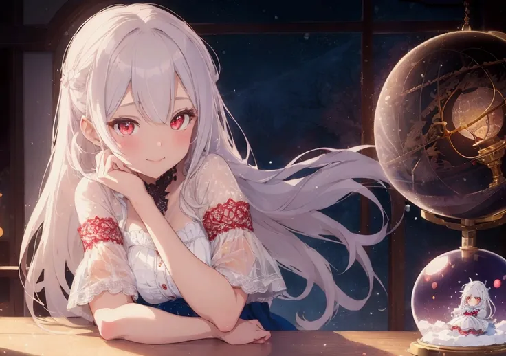 "Create an anime-style illustration featuring a woman with white hair, large red eyes, and a warm smile. and is wearing a lacy, vintage-style outfit with ruffled sleeves. The girl is resting her hand on a table, gazing at a magical-looking snow globe. Insi...