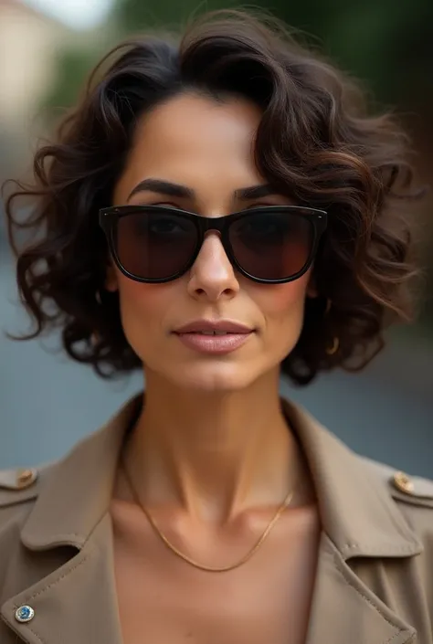  50-year-old woman . Short curly and curly hair. with sunglasses.