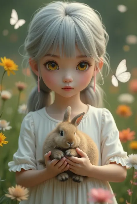 Detail, realism, 4k, 15-year-old girl, face detail, large yellow eyes, plump lips, upturned nose, gray hair with pink strands, in a white dress, with a rabbit in her hands, flowers in the background, white butterflies in the foreground, realistic shooting,...