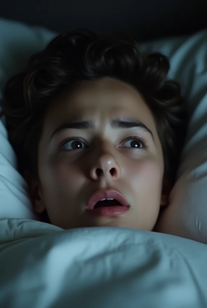  A person wakes up from his sleep, startled look expression , medium close up