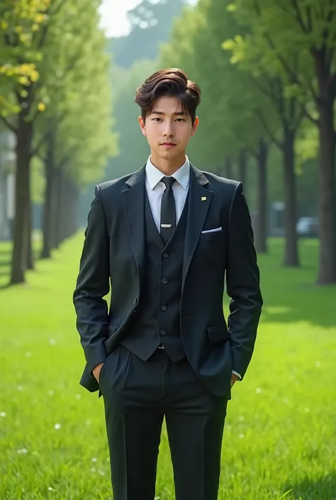 boy, 17 y.o, handsome, suit, tie, school field