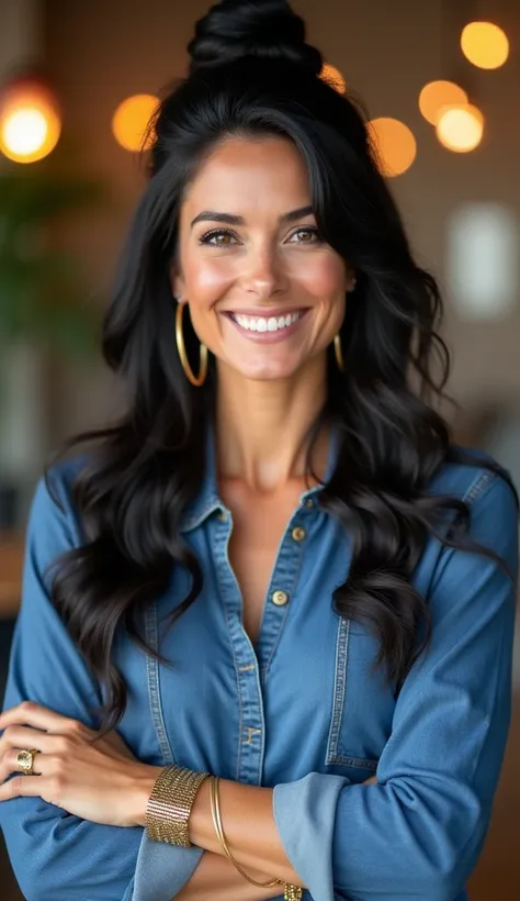 a Caucasian woman in her 30s to 40s with long, wavy black hair tied into a high, styled bun. She is smiling warmly and confidently, wearing a denim blouse and gold accessories, including bracelets and earrings. She has her arms crossed. The background is s...