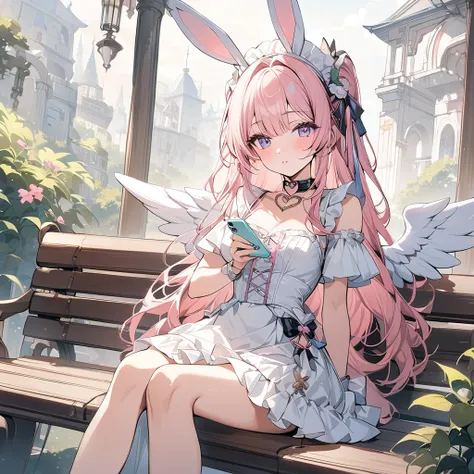 , beautiful angel々）, sexy innocent beautiful, heart shaped choker, (masterpiece, highest quality), official art, beautiful and aesthetic: 1.2), (1 girl), very detailed, (heaven fantasy art: 1.3), silver colorful, pink long hair、bunny ear, half body, angel ...