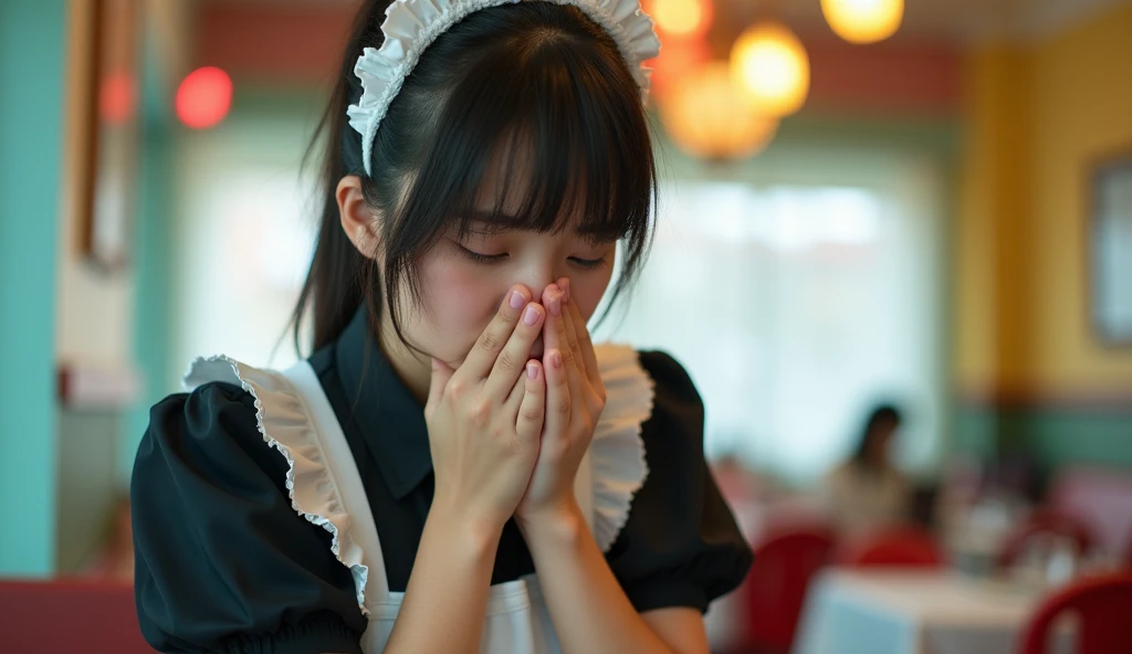 Like a photograph of a female maid at a maid cafe who puts her hands on her mouth and seems to throw up even now