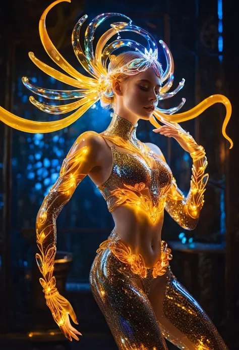 Full body, Pretty gorgeous mythical lady with sparkling transparent florescenr amber  brain and neon  amber florescent arms and lights