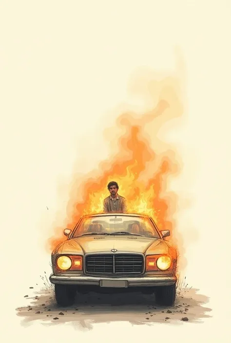 Burning car with man behind who cares simple drawing style 